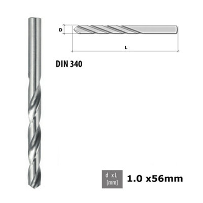 Quality Drill Bit For Metal - Polished HSS DIN 340 Silver - Diameter 1.0mm - Length 56mm