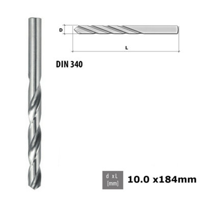 Quality Drill Bit For Metal - Polished HSS DIN 340 Silver - Diameter 10.0mm - Length 184mm