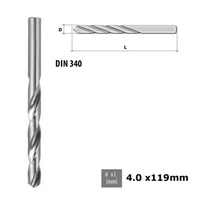 Quality Drill Bit For Metal - Polished HSS DIN 340 Silver - Diameter 4.0mm - Length 119mm