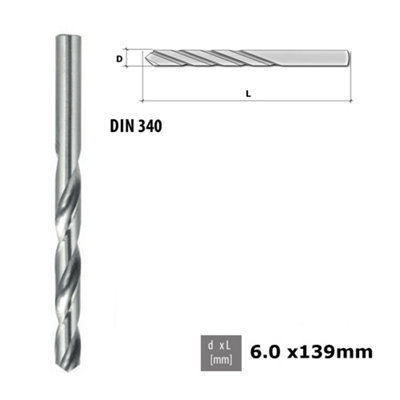 Quality Drill Bit For Metal - Polished HSS DIN 340 Silver - Diameter 6.0mm - Length 139mm