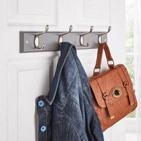 Quality Heavy Duty 4 Nickel Double Coat Hooks Wall Or Door Mountable Grey Wooden Board
