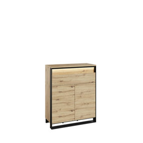 Quant QG-02 Hallway Cabinet in Oak Artisan & Black - 920mm x 1130mm x 400mm - Modern Storage with LED Illumination