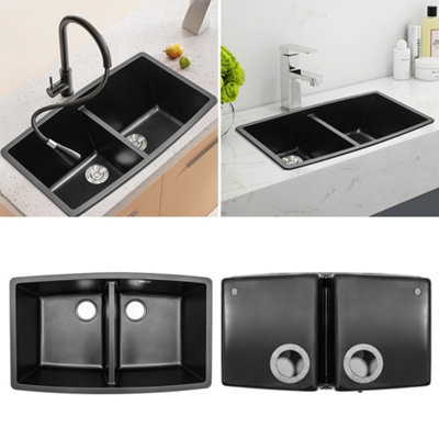 Quartz Equal Double Bowl Undermount Kitchen Sink Black 840x475mm