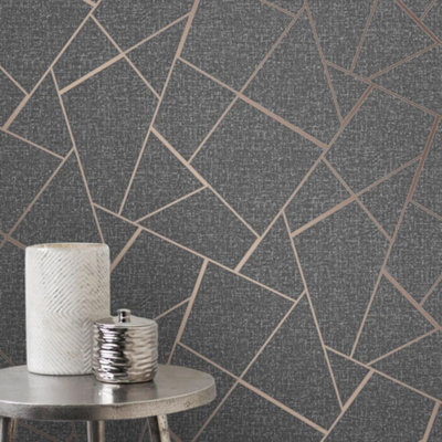 Quartz Fractal Wallpaper Charcoal and Copper Fine Decor FD42283