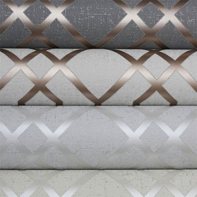 Quartz Trellis Geometric Wallpaper Silver and Grey Fine Decor FD42304
