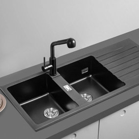 Quartz Undermount Double Bowl Kitchen Sink with Drainboard 1160x500mm