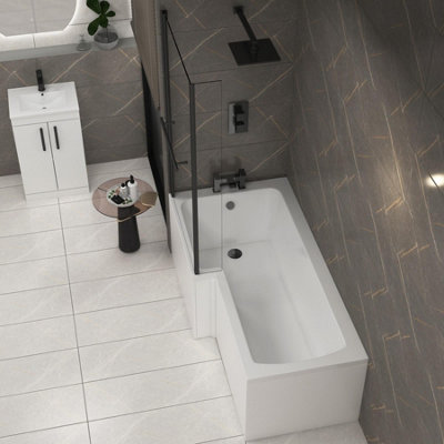 Qubix 1500 x 850mm Acrylic Left Hand L-Shaped Shower White Bathtub with Front Panel & Matt Black Towel Rail Fixed Screen