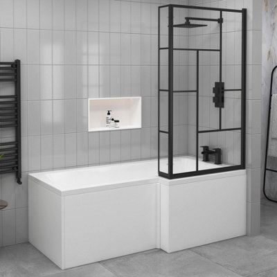 Qubix 1500 x 850mm Acrylic Right Hand L-Shaped Shower Bathtub with Front Panel & Matt Black Abstract Grid Framed Screen