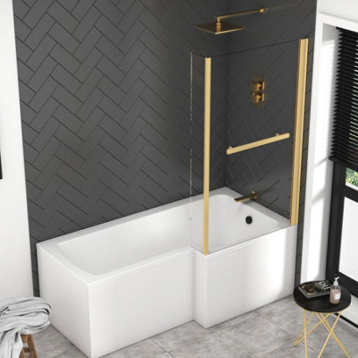 Qubix 1500 x 850mm Acrylic Right Hand L-Shaped Shower Gloss White Bathtub with Brushed Brass Towel Rail Fixed Screen