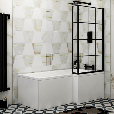 Qubix 1500 x 850mm Acrylic Right Hand L-Shaped Shower White Bathtub with Front,End Panel & Matt Black Grid Framed Screen