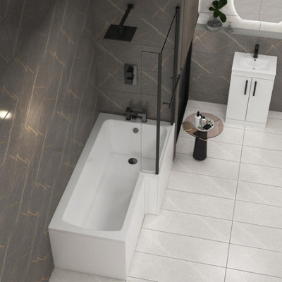 Qubix 1500 x 850mm Acrylic Right Hand L-Shaped Shower White Bathtub with Front Panel & Matt Black Towel Rail Screen