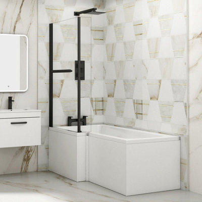 Qubix 1500 x 850mm Left Hand L-Shaped Shower Bathtub with MDF Gloss White Front Panel & Matt Black Towel Rail Screen