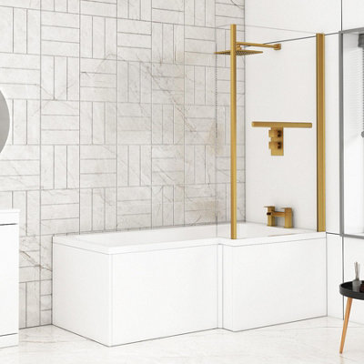 Qubix 1500 x 850mm Right Hand L-Shaped Shower Bathtub with MDF Gloss White Front Panel & Brushed Brass Towel Rail Screen