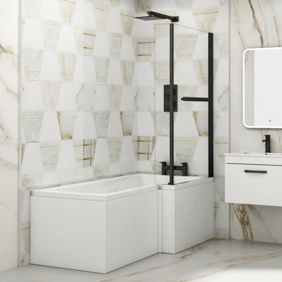 Qubix 1500 x 850mm Right Hand L-Shaped Shower Bathtub with MDF Gloss White Front Panel & Matt Black Towel Rail Screen