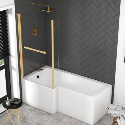 Qubix 1700 x 850mm Acrylic Left Hand L-Shaped Shower Gloss White Bathtub with Brushed Brass Towel Rail Fixed Screen
