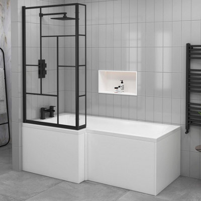 Qubix 1700 x 850mm Acrylic Left Hand L-Shaped Shower White Bathtub with Matt Black Abstract Grid Framed Screen