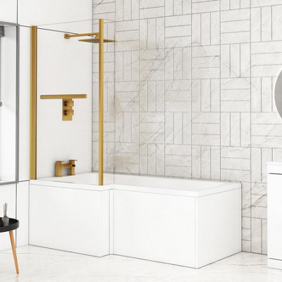 Qubix 1700 x 850mm Left Hand L-Shaped Shower Bathtub with MDF Gloss White Front Panel & Brushed Brass Towel Rail Screen
