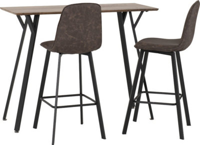 Quebec Bar Table Set Oak Effect and Black with 2 Brown Faux Leather Bar ...