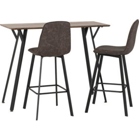 Quebec Bar Table Set Oak Effect and Black with 2 Brown Faux Leather Bar Stools