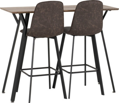 Quebec Bar Table Set Oak Effect and Black with 2 Brown Faux Leather Bar ...