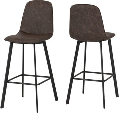 Quebec Pair of Bar Chairs in Brown Faux Leather and Black Metal Legs