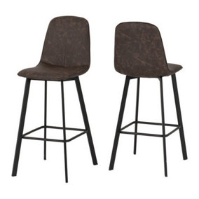 Quebec Pair of Bar Chairs in Brown Faux Leather and Black Metal Legs