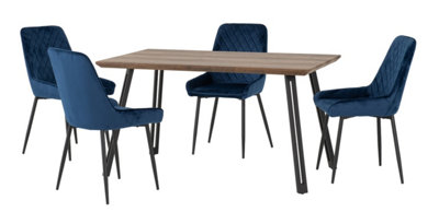 Quebec Straight Edge Dining Set Medium Oak Effect with Blue Velvet Chairs