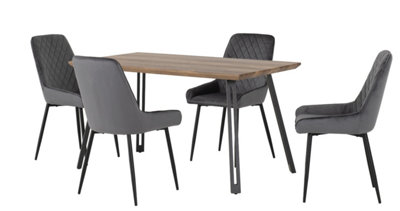 Quebec Straight Edge Dining Set Medium Oak Effect with Grey Velvet Chairs