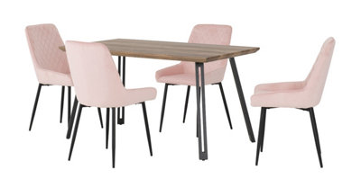 Quebec Straight Edge Dining Set Medium Oak Effect with Pink Velvet Chairs