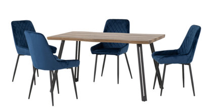 Quebec Wave Edge Dining Set Medium Oak Effect with Blue Velvet Chairs