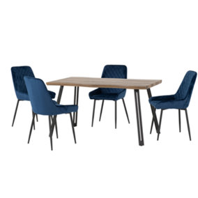 Quebec Wave Edge Dining Set Medium Oak Effect with Blue Velvet Chairs