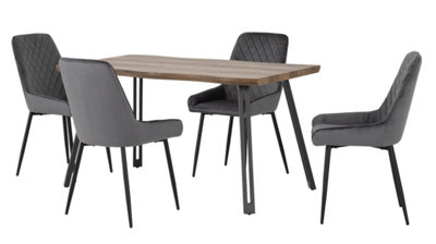 Quebec Wave Edge Dining Set Medium Oak Effect with Grey Velvet Chairs