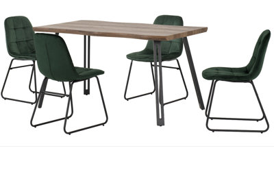 Quebec Wave Edge Dining Set with 4 Green Velvet Chairs Medium Oak Effect Table