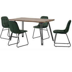 Quebec Wave Edge Dining Set with 4 Green Velvet Chairs Medium Oak Effect Table