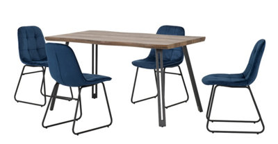 Quebec Wave Edge Dining Set with Blue Velvet Chairs Medium Oak Effect Table