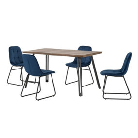 Quebec Wave Edge Dining Set with Blue Velvet Chairs Medium Oak Effect Table