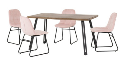 Quebec Wave Edge Dining Set with Pink Velvet Chairs Medium Oak Effect Table