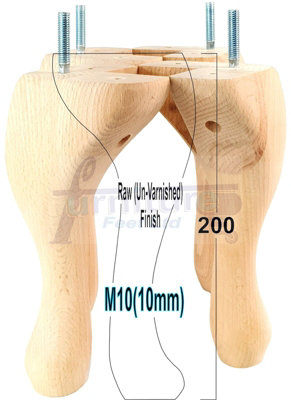 QUEEN ANNE WOODEN LEGS 200mm HIGH SET OF 4 RAW WOOD FURNITURE FEET SETTEE CHAIRS  SOFAS FOOTSTOOLS M10 (10mm)