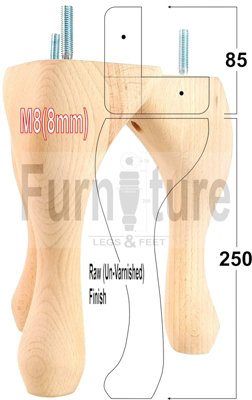 QUEEN ANNE WOODEN LEGS 250mm HIGH SET OF 4 RAW WOOD REPLACEMENT FURNITURE FEET  M8