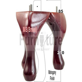 QUEEN ANNE WOODEN LEGS 250mm MAHOGANY HIGH SET OF 4 REPLACEMENT FURNITURE FEET  M8