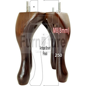 QUEEN ANNE WOODEN LEGS ANTIQUE BROWN 250mm HIGH SET OF 4 REPLACEMENT FURNITURE FEET M8