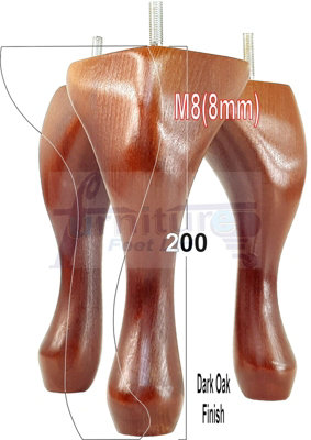 QUEEN ANNE WOODEN LEGS DARK OAK 200mm HIGH SET OF 4 FURNITURE FEET SETTEE CHAIRS  SOFAS FOOTSTOOLS M8 (8mm)