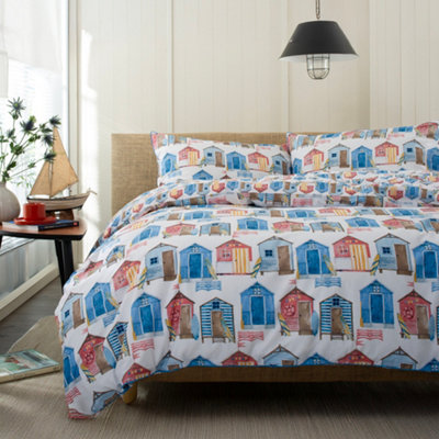 Queen's Parade Print 100% Cotton Duvet Cover Set, Beach Hut Patterned Bedding with Piped Finish, Soft & Breathable