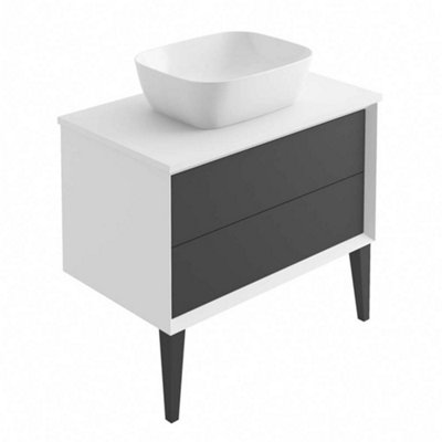 Queens White Floor Standing Bathroom Vanity Unit with Ceramic Worktop (W)85cm (H)69cm