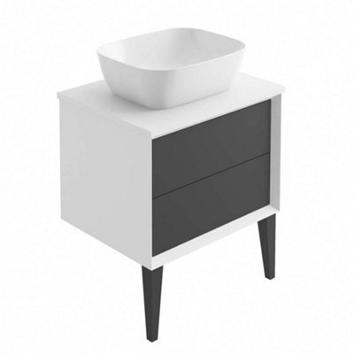 Queens White Floor Standing Bathroom Vanity Unit with Pre-drilled Tap Hole Worktop (W)65cm (H)69cm