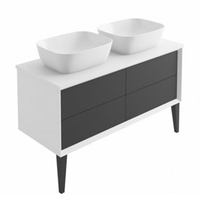 Queens White Floor Standing Double Basin Bathroom Vanity Unit with Ceramic Worktop (W)120cm (H)69cm