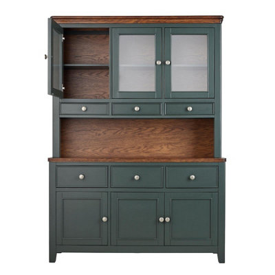 QUEENSBURY LARGE TRIPLE DRESSER, THREE DOOR DISPLAY CABINET WITH OAK TOP -  BOTTLE GREEN