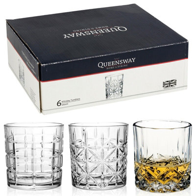 QUEENSWAY 6pc Whiskey Tumblers New Glasses Gift Boxed Set 3 Designs Wedding Xmas
