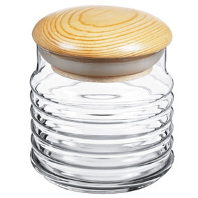 Queensway Home & Dining 0.63L Clear Ribbed Glass Storage Jar with Airtight Stopper Wooden Lid