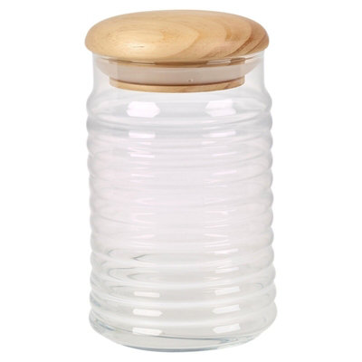 Queensway Home & Dining 1.12L Clear Ribbed Glass Storage Jar with Airtight Stopper Wooden Lid